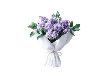 Purple lilac flower bouquet wrapped in white paper