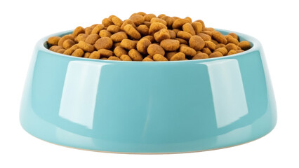 Light blue pet bowl full of dry food isolated PNG, nutritious meal for cats and dogs on transparent background