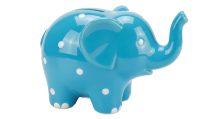Blue elephant piggy bank with white polka dots isolated PNG, savings and childhood concept on transparent background
