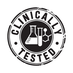 Clinically tested stamp with beakers and hexagon icon inside a circular border © MUZIHID CREATION