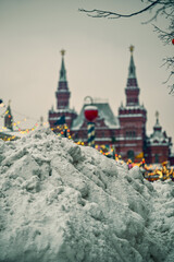 Snowdrifts on Red Square in winter in Moscow, Russia. Front focus