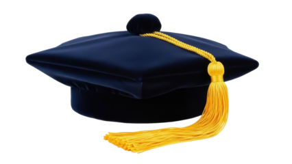 Graduation cap with gold tassel isolated PNG on transparent background, academic mortarboard for graduation ceremony and education