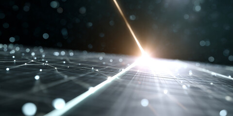 Abstract digital network with glowing light beams and interconnected points on a dark futuristic background