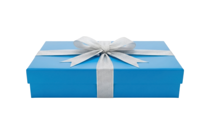 Light blue gift box with silver ribbon isolated PNG, present for special occasions and celebrations on transparent background