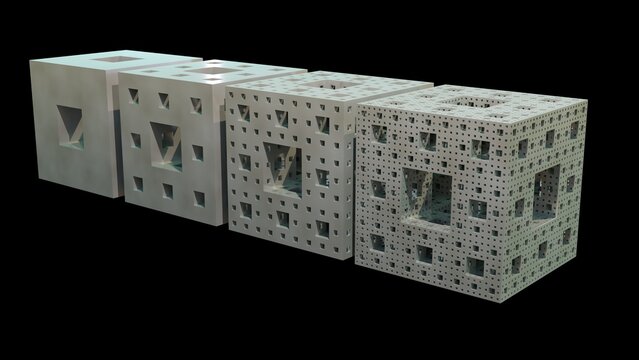 Internal structures within Menger cube. Cross section views of Menger Sponge Levels 1 to 4. 3d render illustration.
