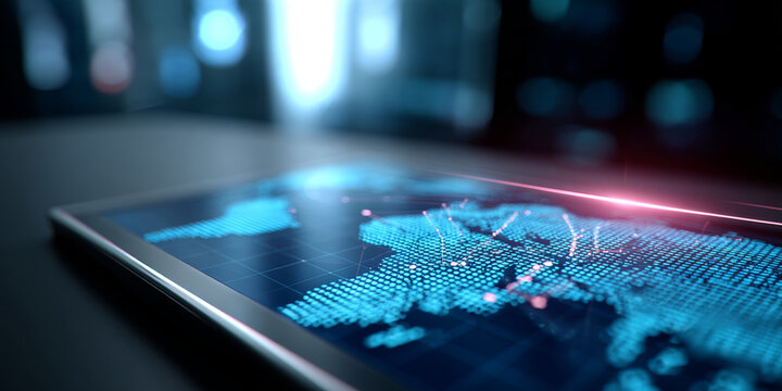 Close-up of digital tablet displaying illuminated world map with network connections in futuristic technology setting - Powered by Adobe