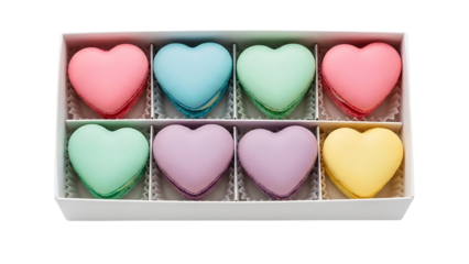 Set of nine colorful macaron heart-shaped cookies isolated on transparent background