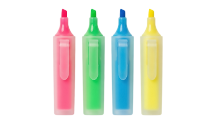 Set of four colorful highlighters isolated PNG on transparent background, pink green blue and yellow markers for office or school use