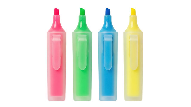 Set of four colorful highlighters isolated PNG on transparent background, pink green blue and yellow markers for office or school use
