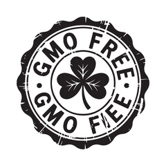 Black and white circular gmo free stamp with a clover illustration