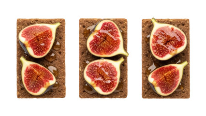 Fig halves on crackers isolated PNG, healthy snack with fresh figs and honey on rye crispbread, gourmet appetizer on transparent background