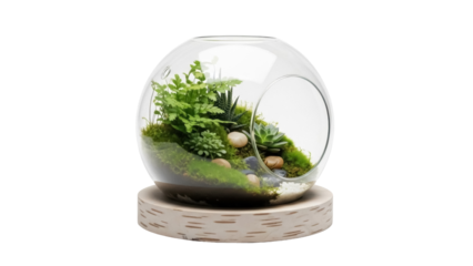 Glass terrarium with succulent plants isolated on transparent PNG, miniature garden ecosystem for home decor and botanical themes