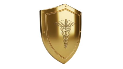 Golden medical shield with caduceus symbol isolated PNG, health protection and insurance concept on transparent background