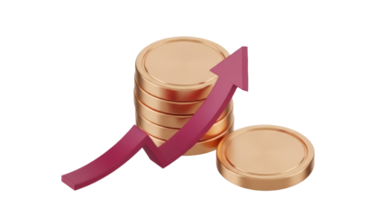 Stack of golden coins with upward arrow isolated PNG, financial growth and investment concept on transparent background