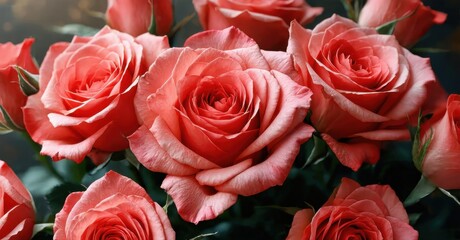 Obraz premium Beautiful roses bloom, displaying soft pink hues. Delicate petals create lovely floral arrangement, perfect gift.