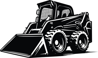Black skid steer loader illustration heavy construction equipment with bucket and tires isolated on white background for industrial design © Md Hasan