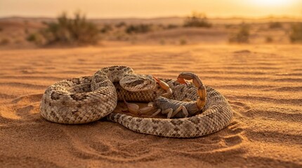 Sidewinder Snake and Scorpion in Golden Desert