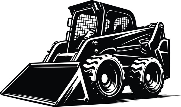 Black skid steer loader illustration heavy construction equipment with bucket and tires isolated on white background for industrial design