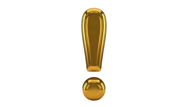 Golden exclamation mark PNG isolated on transparent background, shiny 3D rendering for attention and emphasis - Powered by Adobe