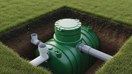 Green septic tank in ground with pipes underground 1