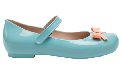Light blue Mary Jane shoe with peach bow isolated PNG, stylish footwear for girls on transparent background, fashion accessory
