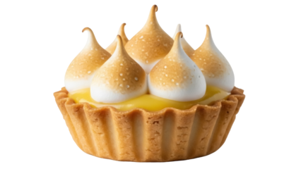 Lemon meringue tart isolated PNG on transparent background, delicious individual dessert with toasted meringue peaks and sweet lemon filling
