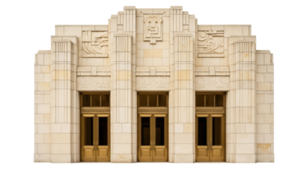Art Deco building facade PNG isolated on transparent background, architectural design with geometric patterns and three doors, vintage style