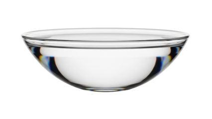 Clear glass bowl with water isolated PNG, transparent dish for serving food or containing liquid on transparent background