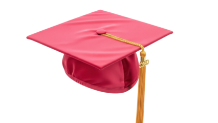 Pink graduation cap with gold tassel isolated PNG, academic mortarboard for commencement ceremony and educational achievement on transparent background
