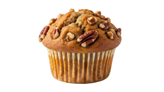 Delicious pecan muffin isolated PNG on transparent background, sweet baked treat with nuts for breakfast or dessert