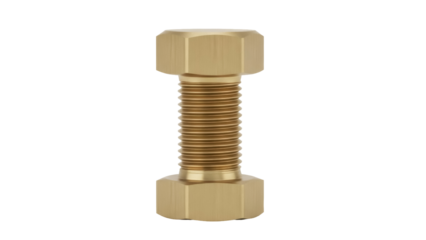 Brass bolt with nuts isolated PNG on transparent background, fastener hardware component for construction and mechanical engineering