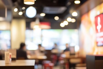 Fototapeta premium People eat and socialize in a fast food restaurant interior during busy hours with bright lights and blurred surroundings