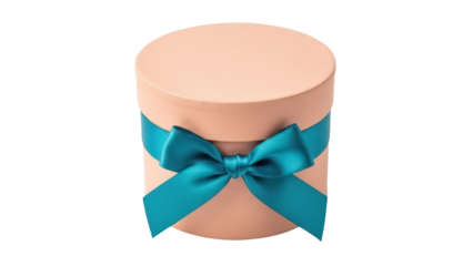 Elegant peach gift box with teal ribbon isolated PNG on transparent background, present for birthday or special occasion