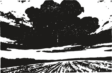 Obraz premium black and white rural landscape woodcut with dramatic clouds over plowed field