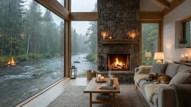 Cozy lodge living room with a crackling stone fireplace and large window offering a serene view of a rainy forest river