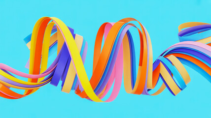 Colorful intertwined ribbons creating a dynamic abstract pattern against a vibrant blue background, symbolizing joy and creativity