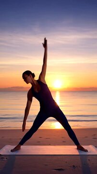 Woman in triangle pose on beach mat at sunset