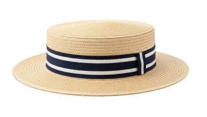 Straw boater hat with navy and white ribbon isolated PNG, classic summer headwear for men and women on transparent background