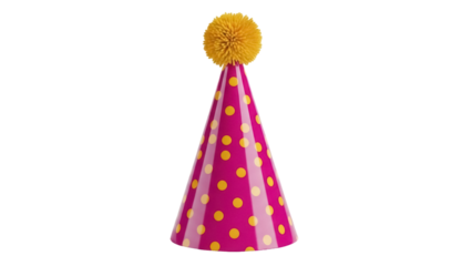 Pink party hat with yellow polka dots and pompom isolated PNG, festive celebration headwear for birthday and special events