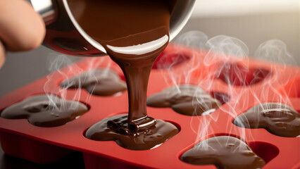 Close up of hand poured chocolate into heart shaped silicone mold, molten texture, steam rising, studio lighting, macro photography, commercial use