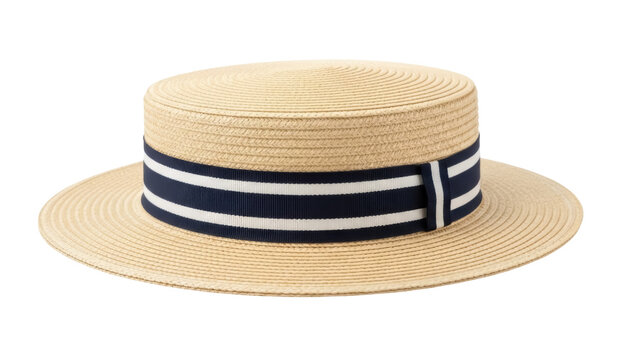 Straw boater hat with navy and white ribbon isolated PNG, classic summer headwear for men and women on transparent background