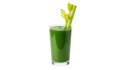 Green smoothie with celery sticks isolated PNG, healthy detox drink in glass on transparent background, nutritious beverage for diet and wellness