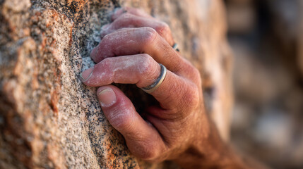 A hand is climbing a rock with a ring on it