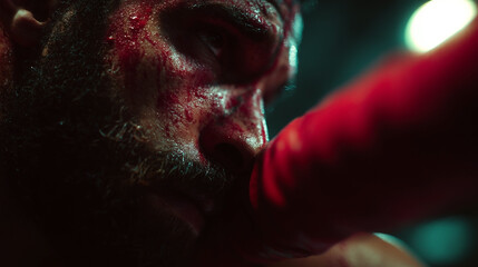 A man with a bloody nose and a red glove