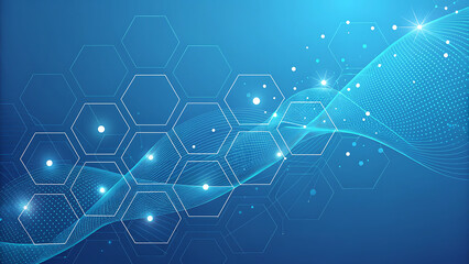 Abstract Blue Hexagon Network Technology Background with Flowing Particles and Light Effects