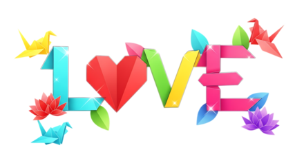Colorful origami love word with cranes and flowers isolated on transparent background