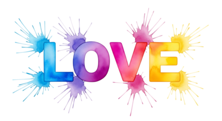 Colorful watercolor splatters forming the word love isolated on transparent background