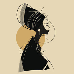 Elegant fashion illustration of a woman in profile wearing a hat, minimalist line art style with modern shapes and beige background