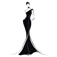 Minimalist fashion illustration of an elegant woman wearing a long evening gown, black silhouette style ideal for luxury, fashion, and editorial design