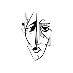 Minimalist abstract cubist face drawn with expressive black lines, modern line art portrait ideal for contemporary design and wall decor